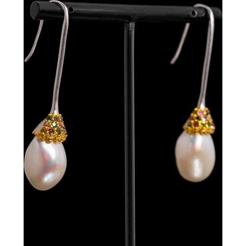 Original design jewelry 925 silver inlaid special-shaped pearl tourmaline fashion long ear hook