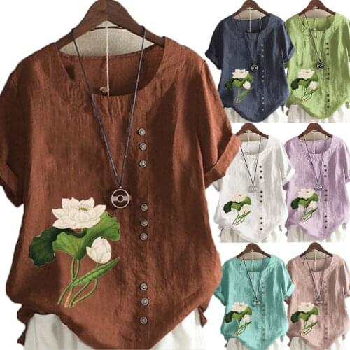 Plus Size Short Sleeve Women T-shirt Summer Round Neck Floral Printed Tops Casual Loose Blouse