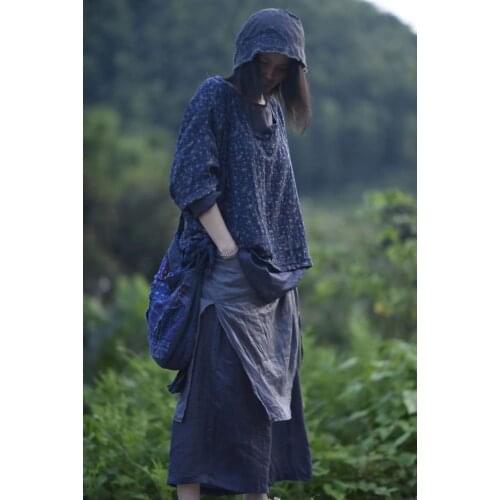 Women Spring Autumn Cotton Linen Blouse Shirt Tops Ladies Vintage Print Shirts Female 2021