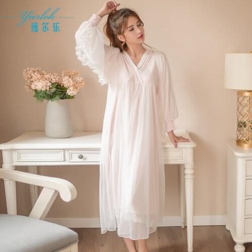 Retro Palace Princess Nightdress Women Spring and Autumn Korean Version Sweet Lace Mesh Sexy Cotton Nightdress Home Clothes Long