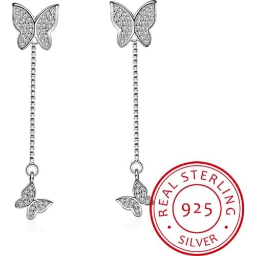 Cute Silver Butterfly Stud Earrings with Bling Zirconia Stone for Women Fine Jewelry Korean Earrings 925 Sterling Silver