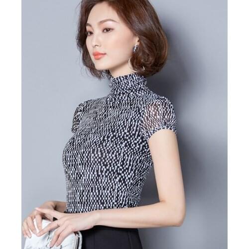 Women Spring Summer Style Lace mesh Blouses Shirts Lady Casual Slim Sexy Turtleneck Plaid Printed Mesh Blusas Tops DD8022