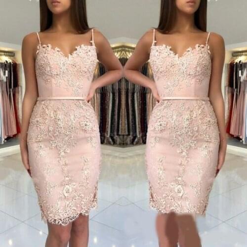 2021 Cheap Blush Pink Homecoming Dresses Lace Appliques Short Mini Spaghetti Straps Sashes Sheath Sweetheart Party Graduation
