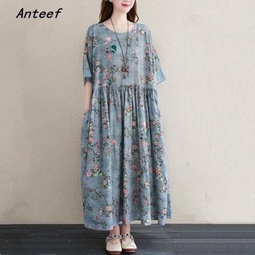 Short sleeve cotton vintage floral dresses for women casual loose long woman summer dress elegant clothes 2021