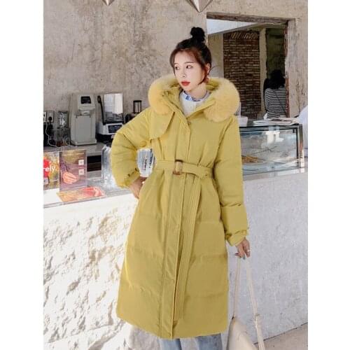 Winter Coat Women Jacket Fashion 95% Cotton Padded Clothes With Waisted Imitation Fox Fur Collar Thickened Medium Length Parka