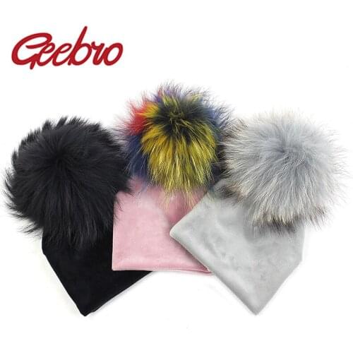 Geebro Winter Thick Warm Velvet Beanies Hats For Nebworn Baby Boys Girls Soft Toddler Infant with 15cm Raccoon Fur Pompon Hat