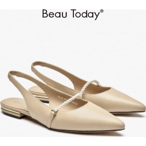 Women Sandals Genuine Sheepskin Leather Pointed Toe String Bead Slingback Elegant Flats Shoes for Women Handmade BeauToday 32269