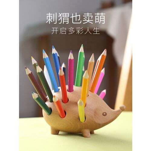 Hedgehog Penholder Childrens Cute Oblique Insertion Wooden Animal Pen Holder Desktop Storage Box Ornaments