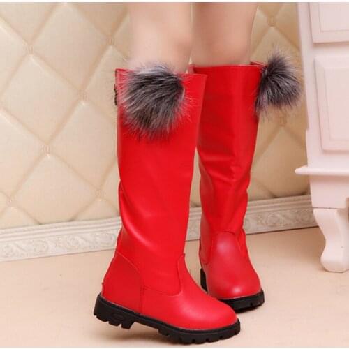 PU Leather Long Boots for Princess Girls Students Flat heel Pom-pom ball Boots Anti-skid Rubber outsole Students Winter Shoes