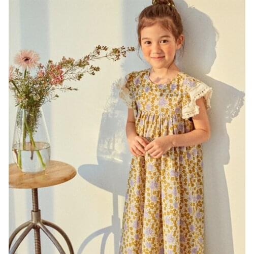 Breathable Cotton Girls Floral Dress Lace Sleeve Fly Sleeve Beach Teen Kids Midi Dress 2021 New Children Summer Clothes,#6289