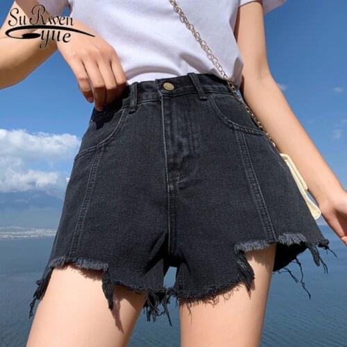 2021 Summer New Cotton Denim Shorts Female Korean Dark High Waist Shorts Thin Wide-Leg Easing Hole Pantalon Corto Mujer 9405 50