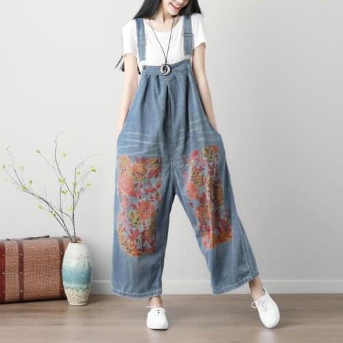 Literary Womens Fashion Floral Print Denim Wide-leg Jumpsuits Personalized Washed Distressed Low-end Rompers