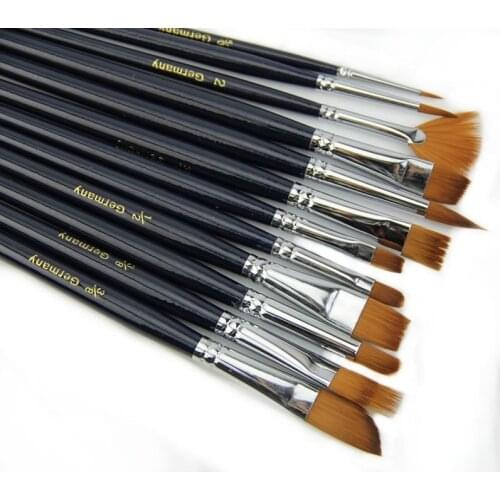 Soft 12 Pcs Black Pro Paint Nylon Hair Painting Brushes Set for Artist Watercolor Oil Acrylic