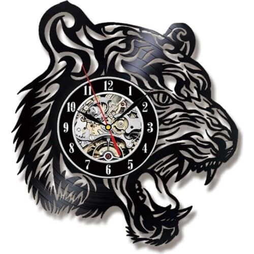 Nordic Cartoon Tiger Vinyl Record Wall Clock With Light 3D Quartz Needle Classic Tiger Head Wall Clock Children room Wall Decor
