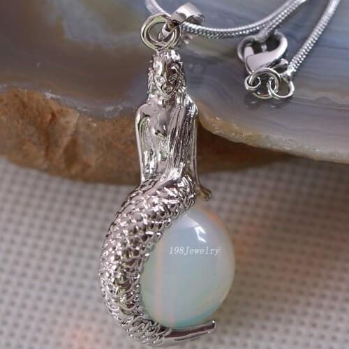 Natural Stone Mermaid Pendant Round Bead White Opal Necklace Pendant E846
