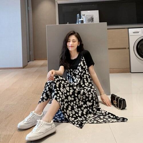 Chiffon Sling Dress Two Piece Female 2021 New French Little Daisy Print Summer Dress Short Sleeve T Shirt Sling Dress Suit aq361