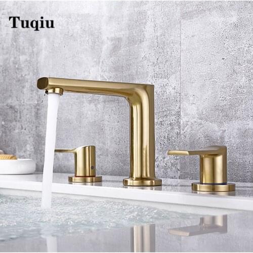 Widespread Basin Faucet Bathroom three holes brush gold sink faucet water tap faucet 8 inch sink tap basin mixer brass chrome