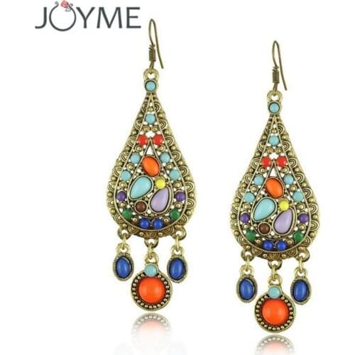 Joyme Ethnic Style Vintage Bohemian Colorful Resin Long Hanging Pending Earrings Women Aros Brincos Wedding Engagement Jewelry