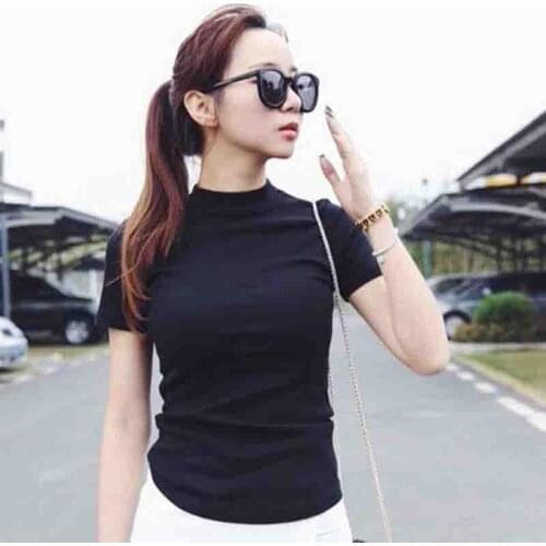 Women Solid Black T-Shirt Slim Short Sleeve T-Shirts Ladies Basic Tee Tops Turtleneck Summer Tshirt