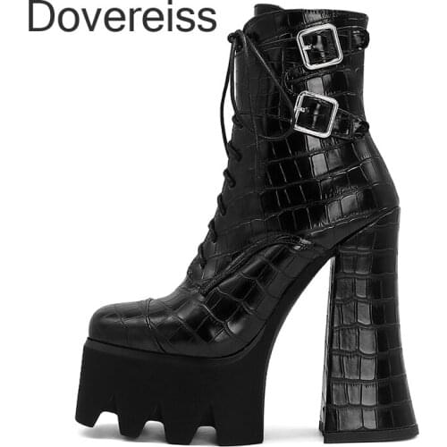 Winter For Woman New Fashion Consice Shoes Elegant Goth Platform Cross Tied Chunky Heels Buckle Short Boots Big Size 34-43