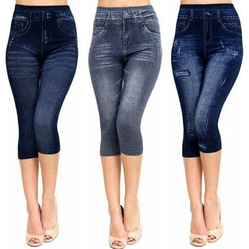 2021 New Faux Jeans Pant Leggings 3/4 Summer Pant Womens High Waist Pants Stretch Print Fake Denim Leggins Femme