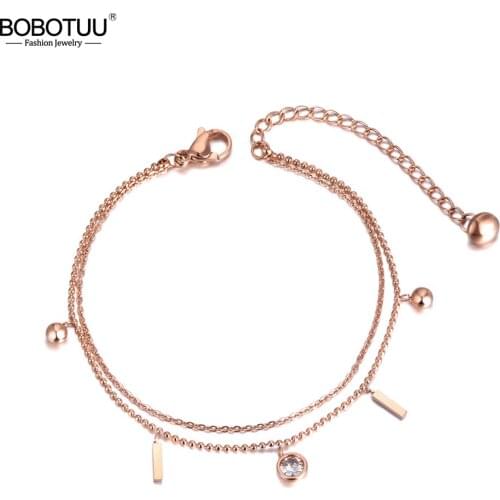 BOBOTUU Trendy Double Layers CZ Crystal Ball Charm Bracelets For Women Stainless Steel Link & Chain Bohemia Bracelet BB19055