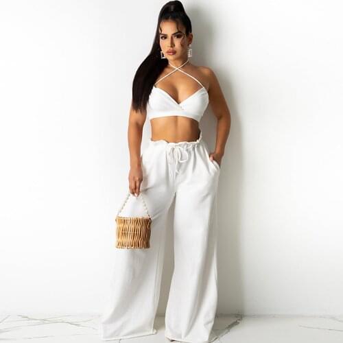 Solid Fashion Two Pieces Set for Women Summer Vacation Outfit Sleeveless V Neck Crop Top+wide Leg Drawstring Pant Sexy Suits