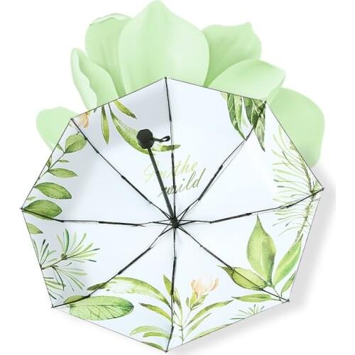 Female Mini Pocket Folding Umbrella Automatic Umbrella Rain Women Green Plants Parasol Windproof UV Protection Capsule