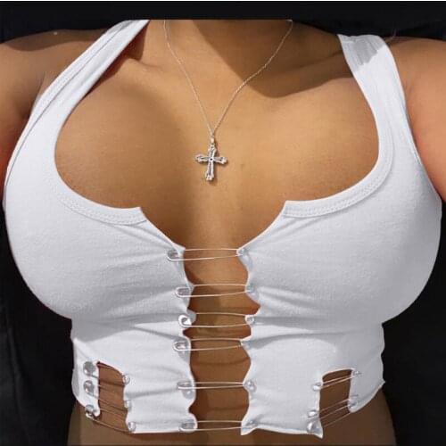 2021 Patchwork Bandage Sexy Crop Brooch Tank Top Summer Women Fashion Streetwear White Pink Top Outfits Bodycon Stretchy Tees