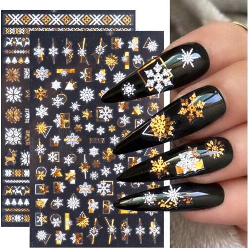 1pcs Laser Gold Christmas Sticker Decal Nail Art Snowflake Leaf Strip Inscription 3D Slider On Nails Manicure Decor Tip JIF712-1