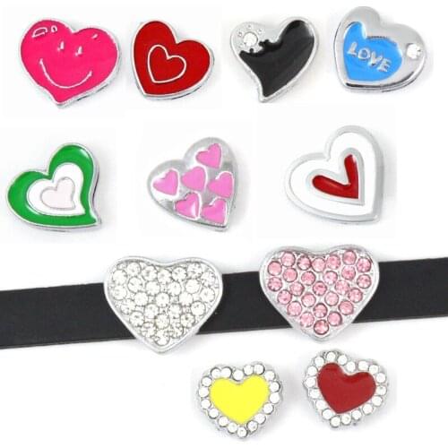 10pcs/lot Internal Dia 8mm Various Kinds Heart Slide Charm DIY Accessories fit 8mm wide belt pet collar