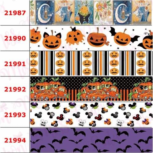 16mm-75mm Halloween Series Colorful Bat Pumpkin Printed Grosgrain/Foe Ribbon Doughnut Geometric DIY Hair Bowknots 50yards/roll