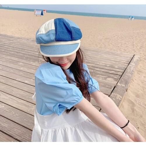 Ins White Beret Female Spring And Summer All-match Japanese Cute Painter Hat Cowboy Stitching Octagonal Hat Cap