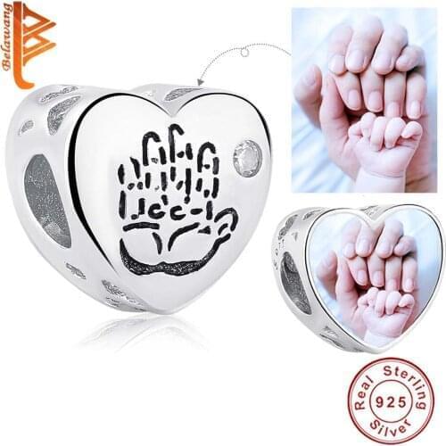BELAWANG Personalized Custom Photo 925 Sterling Silver Memories Baby Handprint Charm Beads Fit Bracelet DIY Jewelry Making