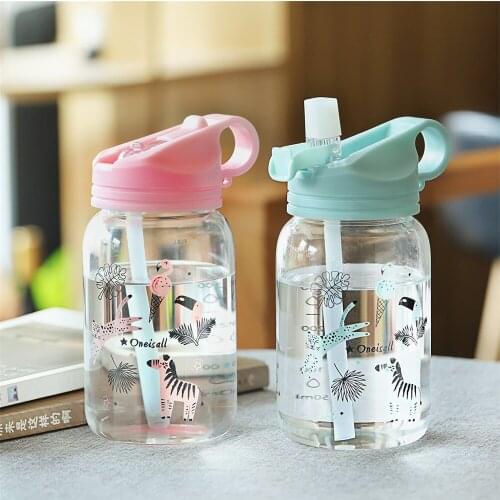 Oneisall Water Bottle BPA Free Cartoon Cute Children Glass Water Bottle Plastic Straw Portable Sports Tumbler Cup 450ml for Kids
