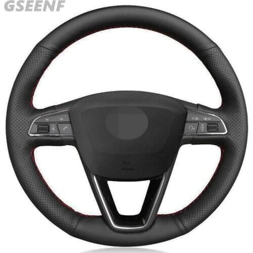 Car Steering Wheel Cover For Leon 5F Mk3 2013-2019 Arona 2019-2018 Ibiza 6J 2019-2016 Black Hand-stitched Genuine Leather
