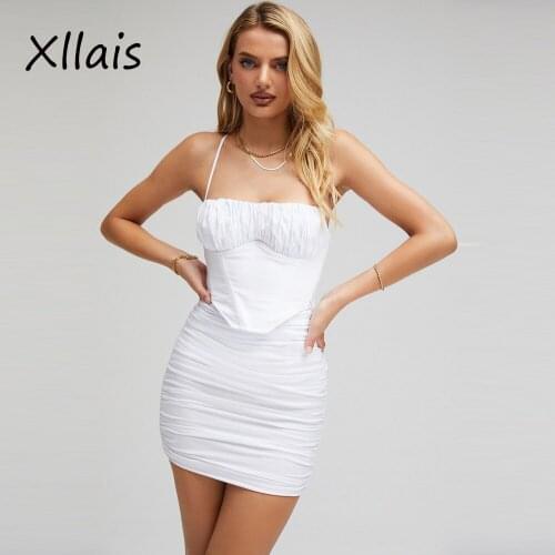 XLLAIS Elegant Womens White Dresses Zipper Club Partywear Sexy Straps Backless Pleated Sleeveless Robe