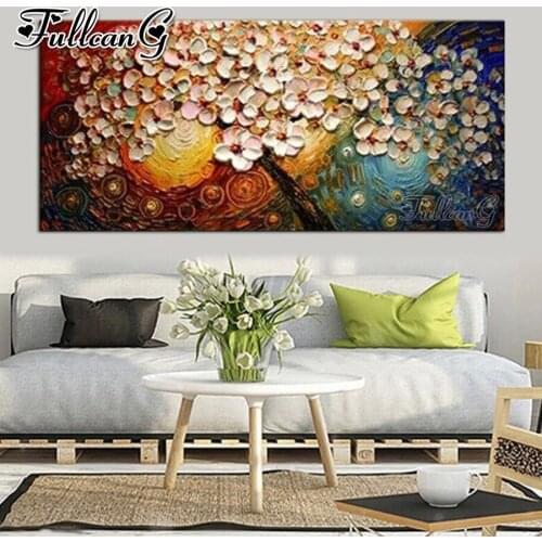 FULLCANG white flower abstract tree large diamond painting 5d diy full square round mosaic embroidery kits decoration FC3642