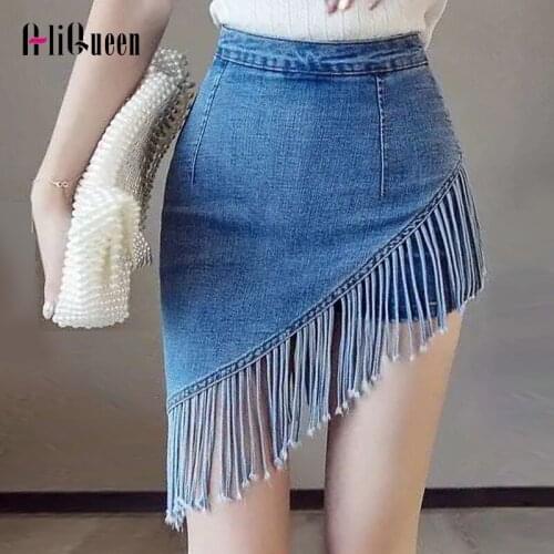 Summer Women Vintage Side Zipper Irregular Tassel Denim Culottes Pant Female Streetwear High Waist Bodycon Sexy Mini Denim Skirt