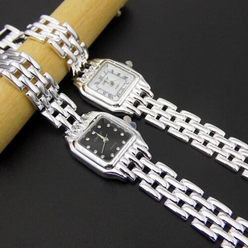 Longbaolong Jewelry 925 Silver Quartz Watch Black White Watch Plate Silver Watch Simple Silver Watch (Removable)