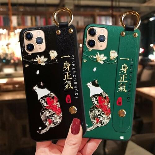 For iPhone 11 Pro Max 11Pro XS Max XR X 7 8 Plus 6 6S SE Case 3D Embossed Hand Strap Stand Holder Soft Silicon Cover Funda Shell