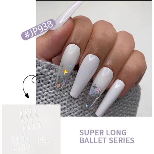 False Nails Fake Long Fingernail Extension Pink Cloud Color Transparent White Star Glitter Manicure Patch Nail Art