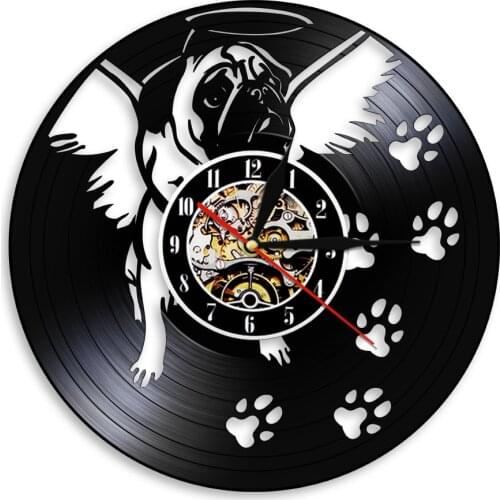 Funny English Bulldog With Angel Wings Inspired Vinyl Record Wall Clock Puppy Dog Paws Pet Lovers Home Decor Retro Wall Watch