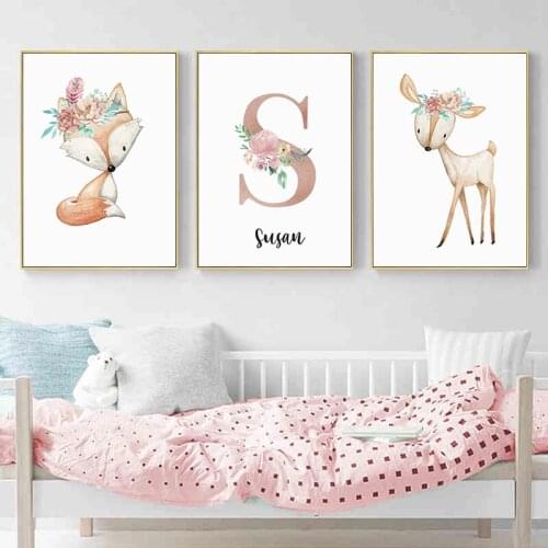 Woodland Animal Personalized Name Canvas Wall Art Print Poster Custom Kids Nursery Painting Wall Art Wall Picture Decoration