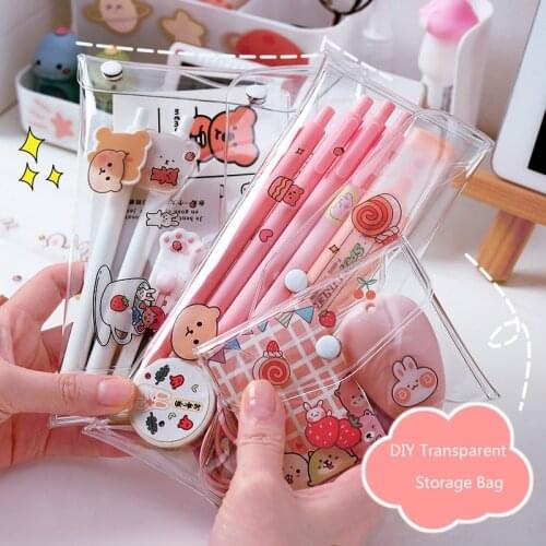 Korean Ins Style Desk Organizer Bag Transaprent PVC Waterproof Stationery Papeleria Pen Storage Bag Travel Journal Winding Bag