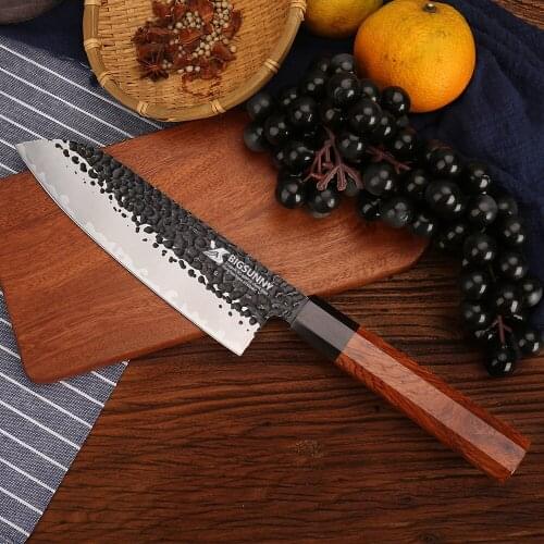 BIGSUNNY 7.8" Forged Meat Knife Santoku Knife 3 Layers 9CR18MOV Clad Steel with Octagonal Rosewood Handle