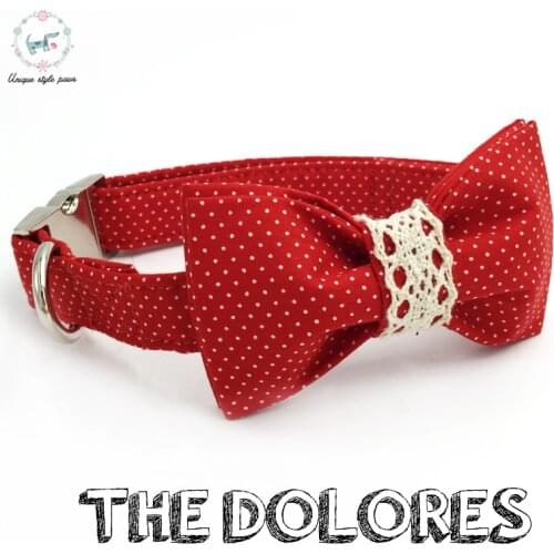 Red Dot Dog Collar and Leash Set with Bow Tie Personal Custom Adjustable Pet Puppy 100% Cotton Dog Birthday Gift