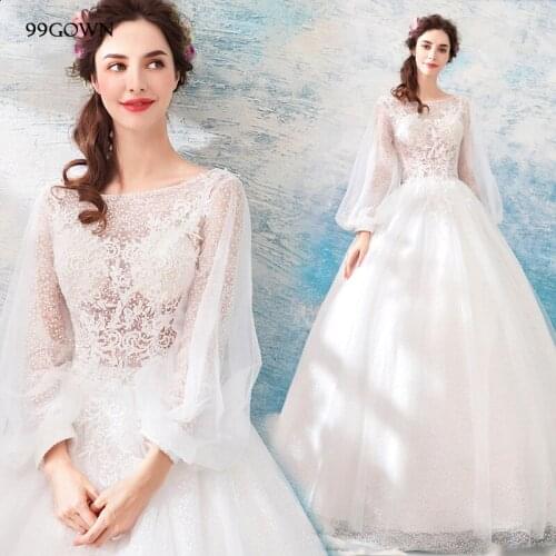 99GOWN 2021 New Wedding Dress Women A-Line Satin Ivory Wedding Ball Gown Lace Long Lantern Sleeve Bridal Wedding Dress