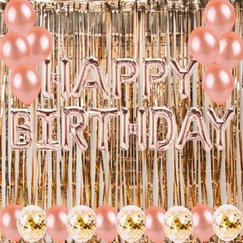 Rose Gold Fringe Tinsel Curtains Photography Backdrop Happy Birthday Foil Balloons Kids Adults Birthday Party Decorations