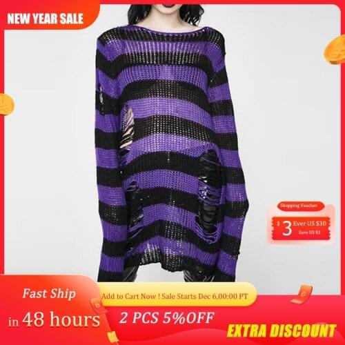 Halloween 200 Gothic Knitted Sweater Women Long Pullovers Striped Loose Winter Ripped Plus Size Sweaters Jumpers Mujer Jersey